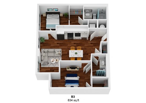 a 3d floor plan of a room with a wood floor